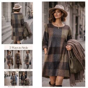 O-NELCE Patchwork Knit Plaid Knee Length Shift Dress Earth Tone Sz M Lagenlook